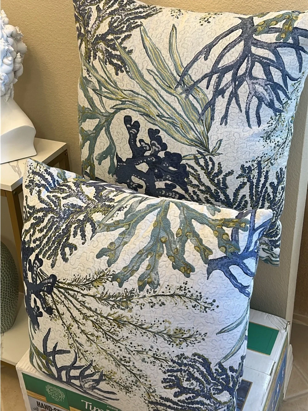 Coastal Seaweed Print Throw Pillow in Blue and Green - Unbranded oceanside